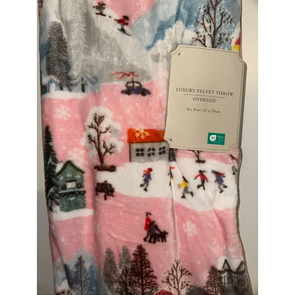 Christmas Farmhouse Luxury Velvet Throw Blanket Barbie Pink Christmas tree 50 x